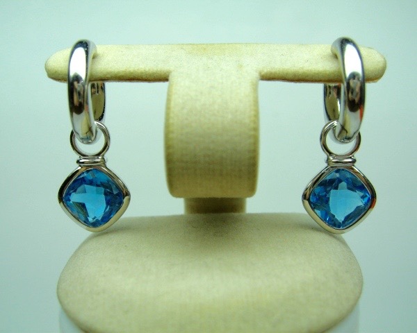 White Gold Hoop Earrings with Detachable Blue Topaz Ear-hangers